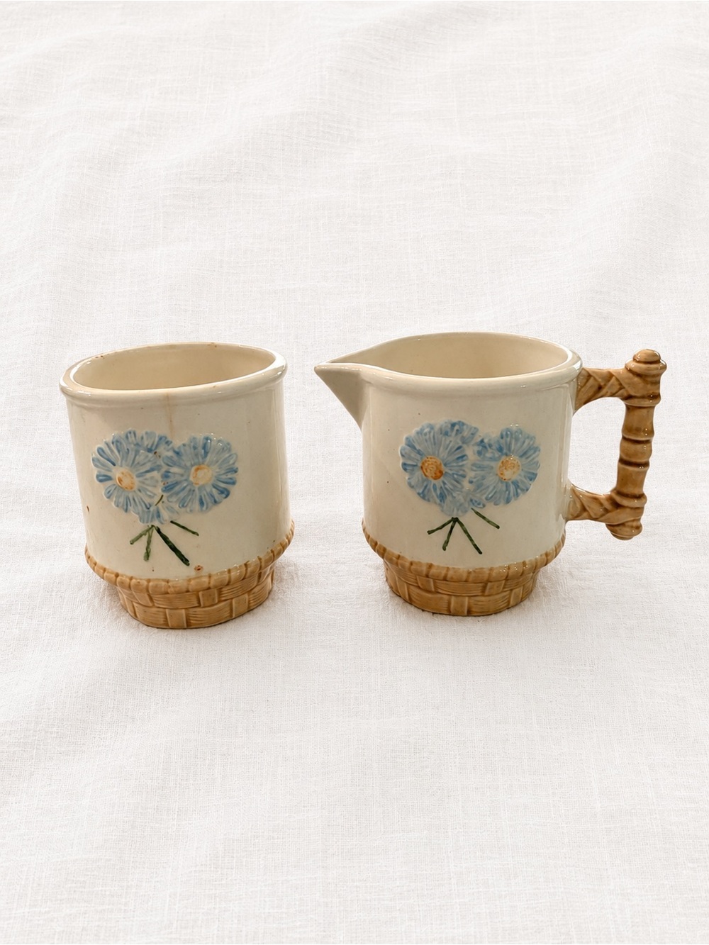 Vintage Ceramic Cream & Sugar Set | Blue Floral Basket Weave
